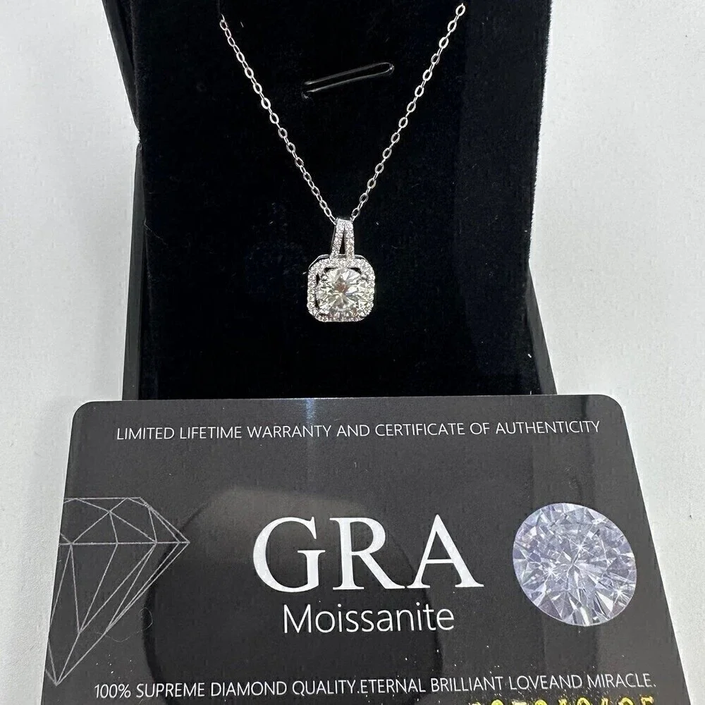 GRA Moissanite Diamond Necklace 2 Ct Pendant Chain Fine Jewelry Halo - Picture 1 of 12